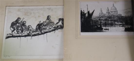 Leonard Brightwell, etching, High Life, signed in pencil, 25 x 38cm and Ernest L Hampshire, etching, St Pauls, both unframed